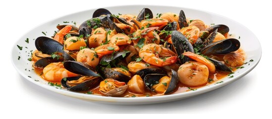 A closer look at a plate of seafood, showcasing a variety of shellfish like mussels and clams cooked in a white wine sauce and garnished with fresh parsley.