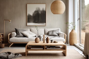 Nordic Charm: Bamboo Furniture Living Room Ideas with Bamboo Lamp in Neutral Palette