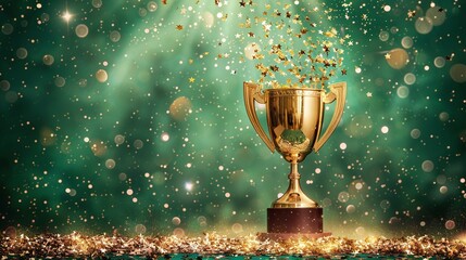 vibrant green background adorned with twinkling stars sets the stage for the gold trophy cup to shine with pride, symbolizing honor and excellence - obrazy, fototapety, plakaty