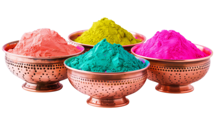 Holi powders in copper bowls. Colorful powder paint for indian spring of colors festival in pots. Isolated on background