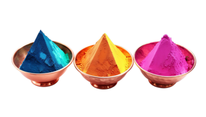 Holi powders in copper bowls. Colorful powder paint for indian spring of colors festival in pots. Isolated on background clipart element
