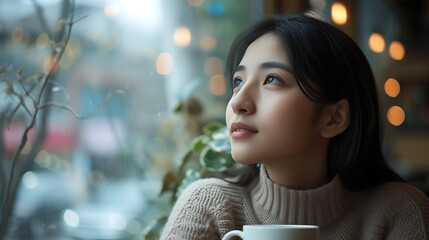 Jovem mulher desfrutando de um café quente com vista urbana através de uma janela acolhedora