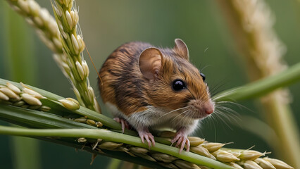 Field Mouse Eating Barley Seeds on Stalk