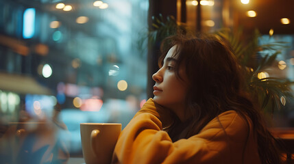 Jovem mulher desfrutando de um café quente com vista urbana através de uma janela acolhedora - obrazy, fototapety, plakaty