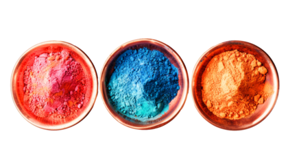 Holi powders in copper bowls. Colorful powder paint for indian spring of colors festival in pots. Isolated on background