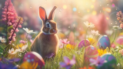 Fototapeta na wymiar heavenly dreamy blooming meadow with happy funny bunny and color full easter eggs arround