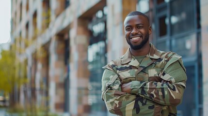 Fototapeta premium black soldier with crossed arms, showcasing confidence and bravery at government building