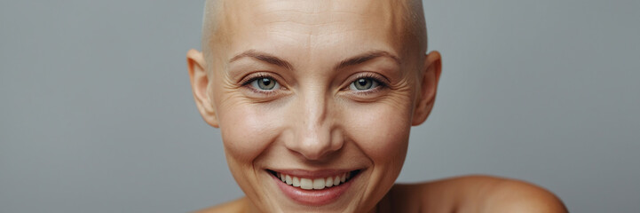 Smiling white young woman without hair who beat cancer. As a symbol of positive thinking in the fight against cancer.