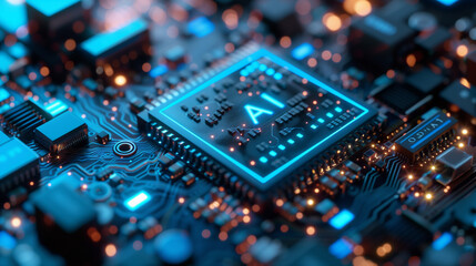 Close-Up of Advanced AI Microchip with Glowing Circuits