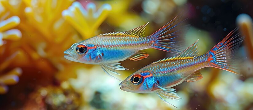 A couple of Sarpa Salpa fish swims gracefully in their natural environment. The fish move together through the water, showcasing their streamlined bodies and vibrant colors.