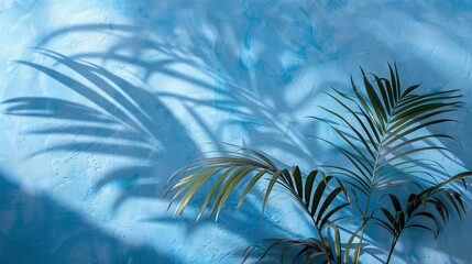 Fototapeta na wymiar serene atmosphere created by blurred shadow from palm leaves on light blue wall, providing minimal abstract background for product presentation, reminiscent of spring and summer