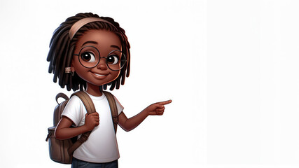 Smiling child with dreadlocks and a backpack, wearing a white T-shirt, looks at the camera, points to an empty space, 3D render, white background