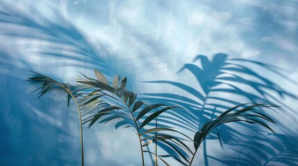 tranquil environment with blurred shadow of palm leaves on light blue wall, minimal abstract background perfect for product presentation, capturing essence of spring and summer