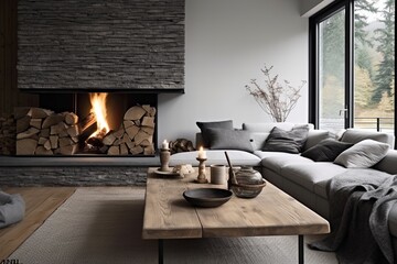 Scandinavian Rustic Living: Sunken Area with Grey Sofa, Fireplace, and Wooden Coffee Table