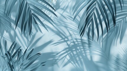 blurred shadow from palm leaves on the light blue wall, minimal abstract background for product presentation, evoking spring and summer vibes in serene atmosphere