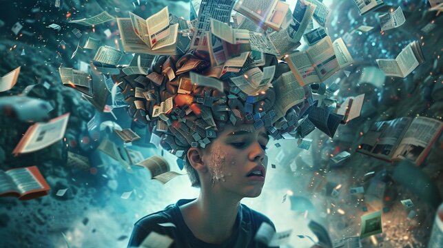 excessive information data bursting out of young human brain, dealing with maximalism, news saturation, and social media addiction in the digital age