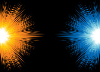 Bright flashes of blue and yellow stars on a black background. Vector pattern with rays. Light. Space vector background.