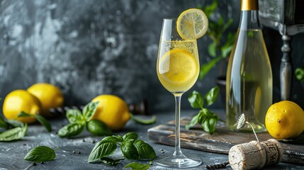Citrusy Pleasures of a Homemade Limoncello Spritz Drink with Liqueur, Sparkling Wine, and Lemon in a Cocktail Glass