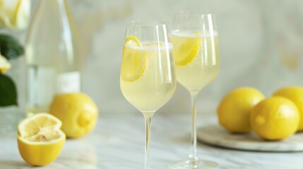 Refreshment with a Homemade Limoncello Spritz Drink, Infused with Liqueur, Sparkling Wine, and Lemon in a Cocktail Glass - obrazy, fototapety, plakaty