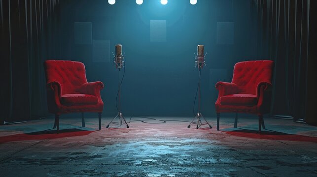 podcast or interview room setup with chairs and microphones on dark background as a spacious banner for media conversations or podcast streamers, offering generous copy space