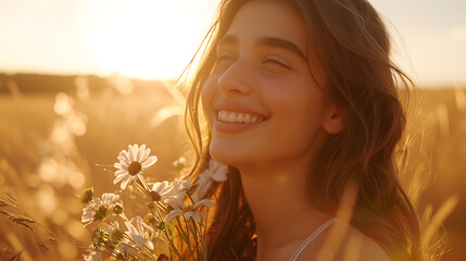 Jovem mulher sorrindo com buquê de flores silvestres em campo ensolarado durante a hora dourada - obrazy, fototapety, plakaty