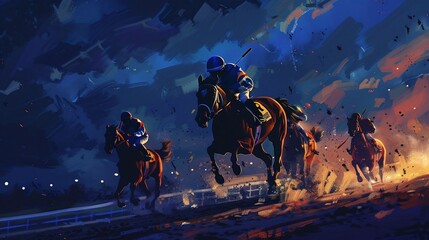 exhilarating night horse racing featuring a dynamic digital illustration of thoroughbred and jockey - obrazy, fototapety, plakaty