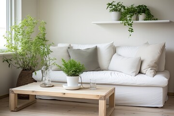 Sunken Living Scandinavian: White Sofa, Wooden Table, Green Plant Decor