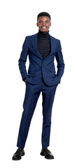 African businessman smiling in office suit, hands in pocket and looking at the camera, isolated over white background. Concept of education and career