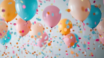 infusing vibrancy into the event with colorful balloons and confetti for a holiday celebration like birthday anniversary, attractive wallpaper background for ads or gifts wrap and web design against w