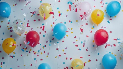 Colorful Balloons and Confetti Set the Stage for a Festive Occasion like a Birthday Anniversary, Crafting an Inviting Wallpaper Background for Ads, Gift Wrapping, and Web Design against a White Blank 