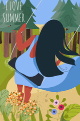 Postcard with image of a girl, woman on summer vacation in nature, walking in the woods, forest, enjoying the moment.
 Vertical postcard with a happy woman in nature. Vector hand drawn poster.