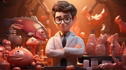Crowdfunding, Clean Meat Scientist, 3D ICONS, clay, cartoon, Cute, shiny, smooth, clean background, simple details, 8K