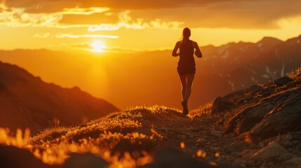 A solitary runner takes on a mountain trail at sunset, embodying the spirit of endurance and the...