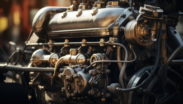 Industrial background. Engine of an old car