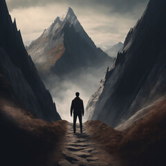 ai generated climbing picture, A man stands at the foot of a mountain, mood picture with the statement that you can do anything, long journey, reaching the top. - obrazy, fototapety, plakaty
