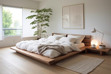 Fototapeta na wymiar Zen-Infused Haven: Minimalist Wooden Furniture and White Linens Harmony