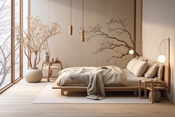 Zen-Rattan Tranquility: Minimalist Bedroom in a Wooden Haven