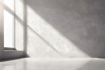 Light falling from a large window on the right onto a concrete monochrome wall. Open space mockup