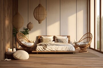 Tranquil Rattan Zen: Minimalist Bedroom in Wooden Ambiance