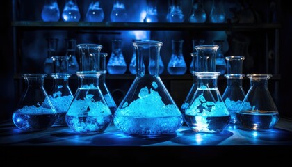 Laboratory glassware with blue glowing light inside