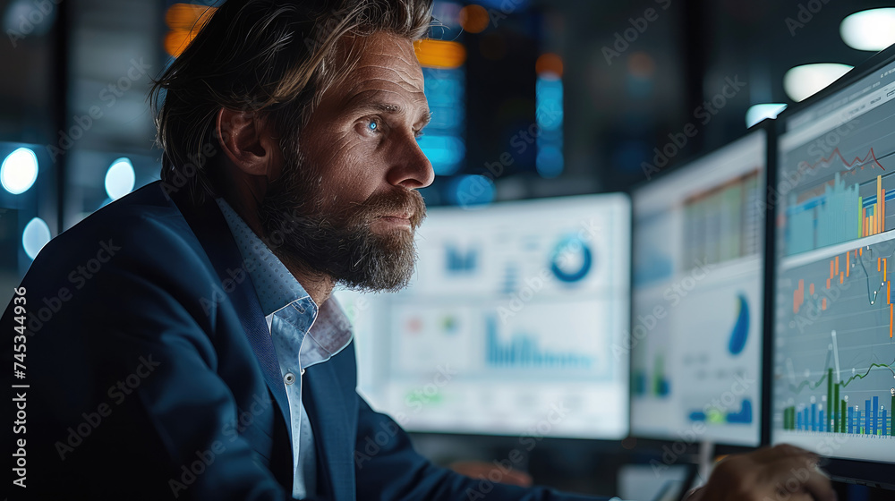 Wall mural A competent financial officer seated at a desk in an office building. working with computer monitor is visible with financial charts and data. Generative AI.