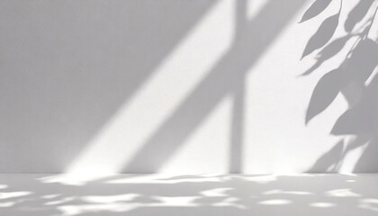 Play of light and shadows of straight lines and leaves on a monochrome background with lighting from the window
