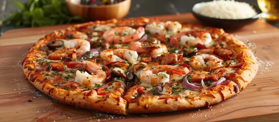 A savory seafood topped pizza is showcased on a rustic wooden cutting board, highlighting the enticing combination of flavors and textures. - obrazy, fototapety, plakaty