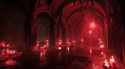 Gothic church interior with burning candles in the dark