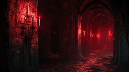 Gothic corridor with glowing red lights - obrazy, fototapety, plakaty