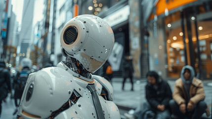 Robot wearing a tie going to work with unemployed homeless people on the background..