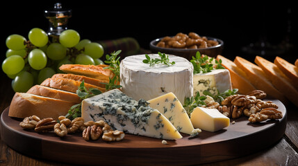 Cheese plate with different types of chees, grape and bread, steel life on a wooden board