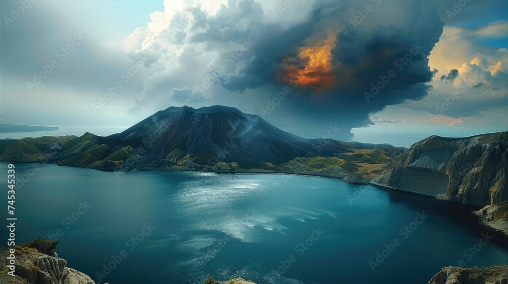 Poster the volcanic hills and a large black lake in the foreground. generative ai.