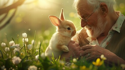 heavenly dreamy scene of grandpa holding a bunny at green grass and flower background