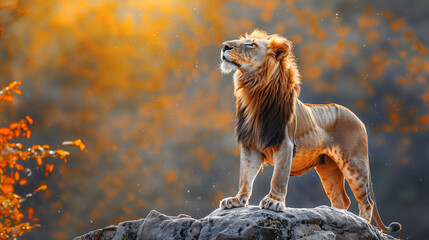 Majestic portrait of a lion standing proudly on a rock, roaring with strength and authority